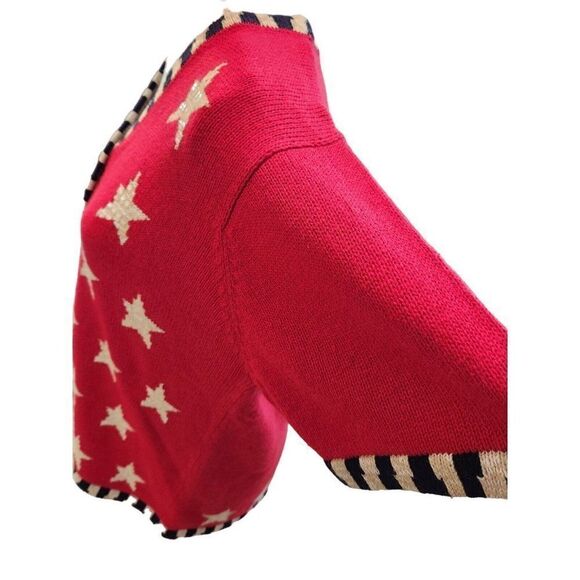 Quacker Factory Red White Blue Short Sleeve Cardigan Sweater Stars Stripe Flag L - Picture 7 of 9